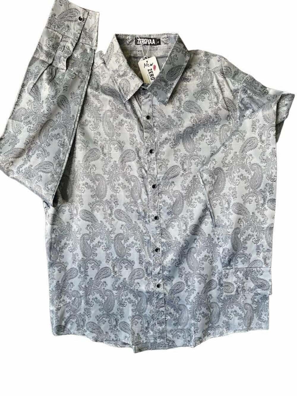 Zeroyas Men's Long Sleeve Silver Paisley Button-Up Dress Shirt